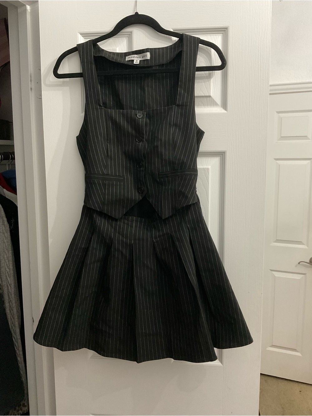 Madden Girl Black Pinstripe Sleeveless Fit-and-Flare Dress with Vest Detail